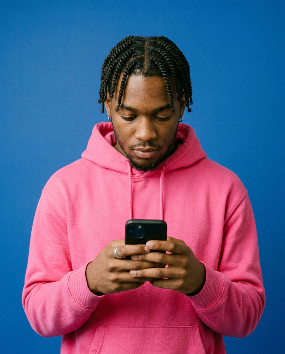 Generated image of a young man in a pink hoodie looking at his phone against a blue wall