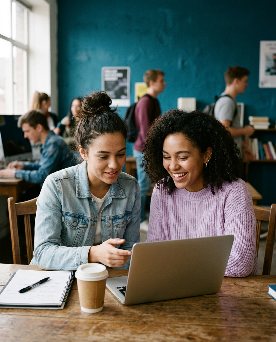Generated image of two students laughing together over a laptop at a café table