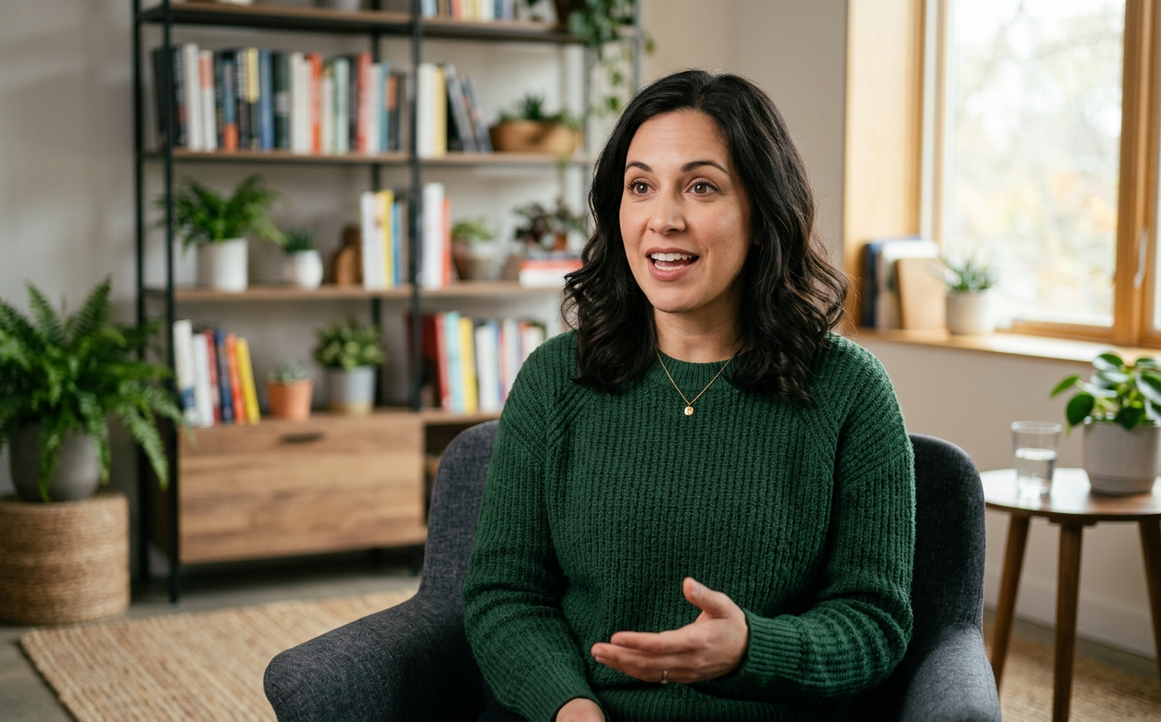 Generated image of a woman speaking to camera in a bright studio, standing in for a YouTube interview